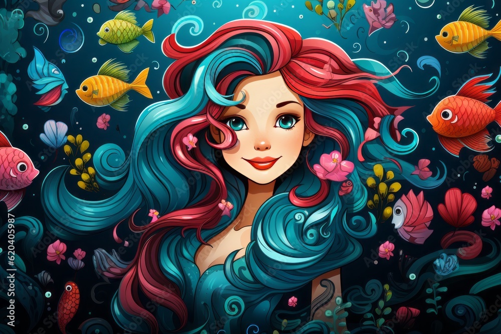 Cartoon Cute Doodles Mermaid Under The Sea Seamless Pattern, Generative AI