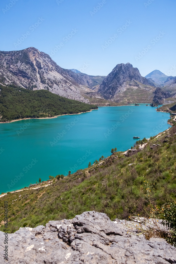 Oymapinar Lake, Turkey. Green Canyon in Manavgat region, Turkey. Emerald water reservoir behind the dam Oymapinar. A beautiful reservoir surrounded by high mountains.