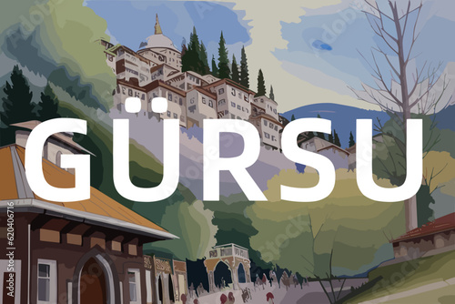 Beautiful watercolor painting of a Turkish scene with the name Gürsu in Bursa