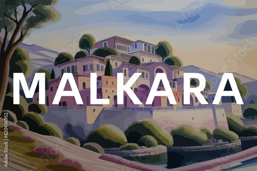 Beautiful watercolor painting of a Turkish scene with the name Malkara in Tekirdağ photo