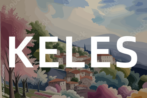 Beautiful watercolor painting of a Turkish scene with the name Keles in Bursa