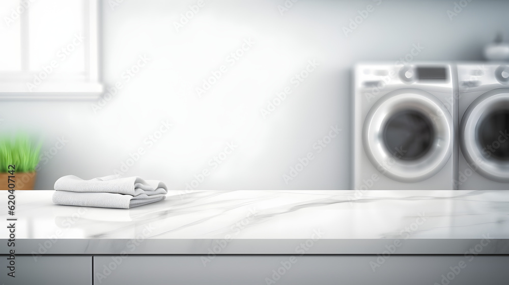 White blurry home laundry room with modern washing machine and empty marble table top. Blank space for product display. digital art White blurry home laundry room with modern washing machine and empty marble table top. Blank space for product display. digital art