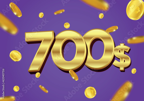 700 Dollar gift or offer poster with flying gold coins. Seven Hundred Dollars coupon voucher, cash back banner special offer, casino winner. Vector illustration.