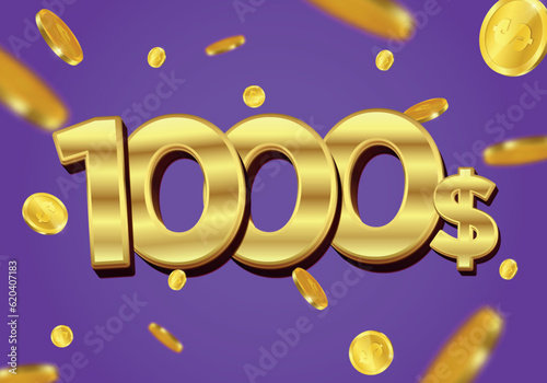 1000 Dollar gift or offer poster with flying gold coins. One Thousand Dollars coupon voucher, cash back banner special offer, casino winner. Vector illustration.