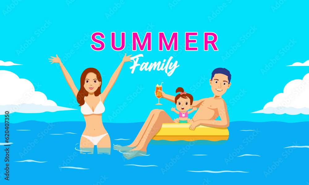 Parents and children, happy family enjoying summer vacation by the sea recreation vector illustration