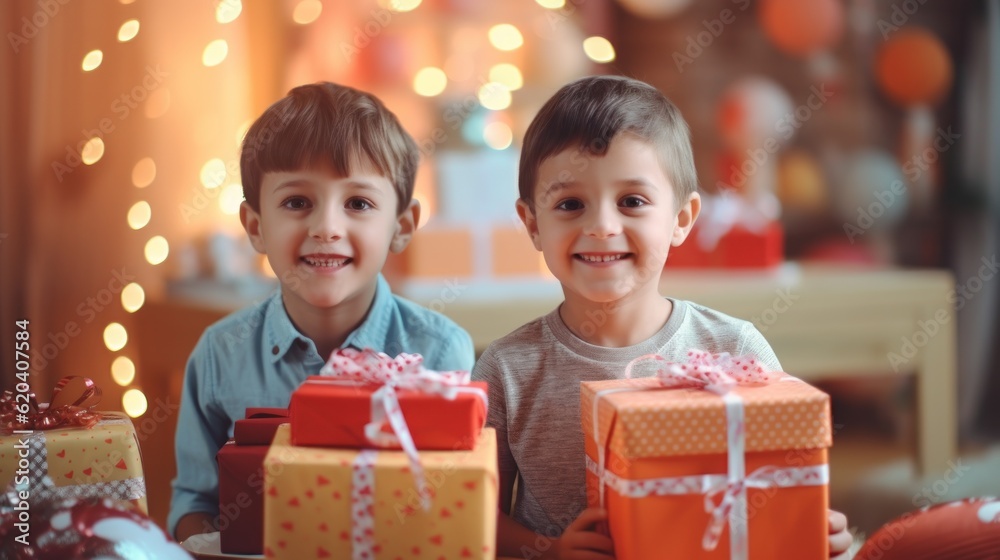 Children enjoy gifts. Two cute children are happy with gifts Generative Ai. Children enjoy gifts. Two cute children are happy with gifts Generative Ai.