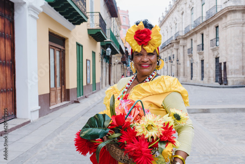 Photography Cuban woman called canasteras with habano flowers and typical costume in La Hava