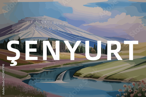 Beautiful watercolor painting of a Turkish scene with the name Şenyurt in Mardin