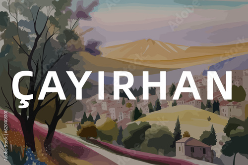 Beautiful watercolor painting of a Turkish scene with the name Çayırhan in Ankara photo