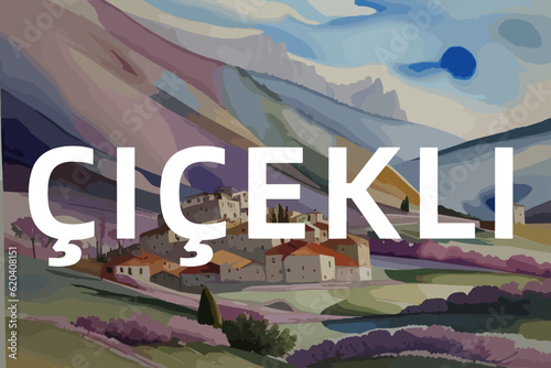 Beautiful watercolor painting of a Turkish scene with the name Çiçekli in Tunceli