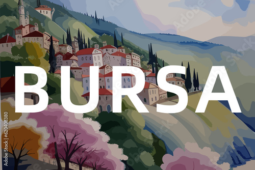 Beautiful watercolor painting of a Turkish village with the name Bursa in Bursa