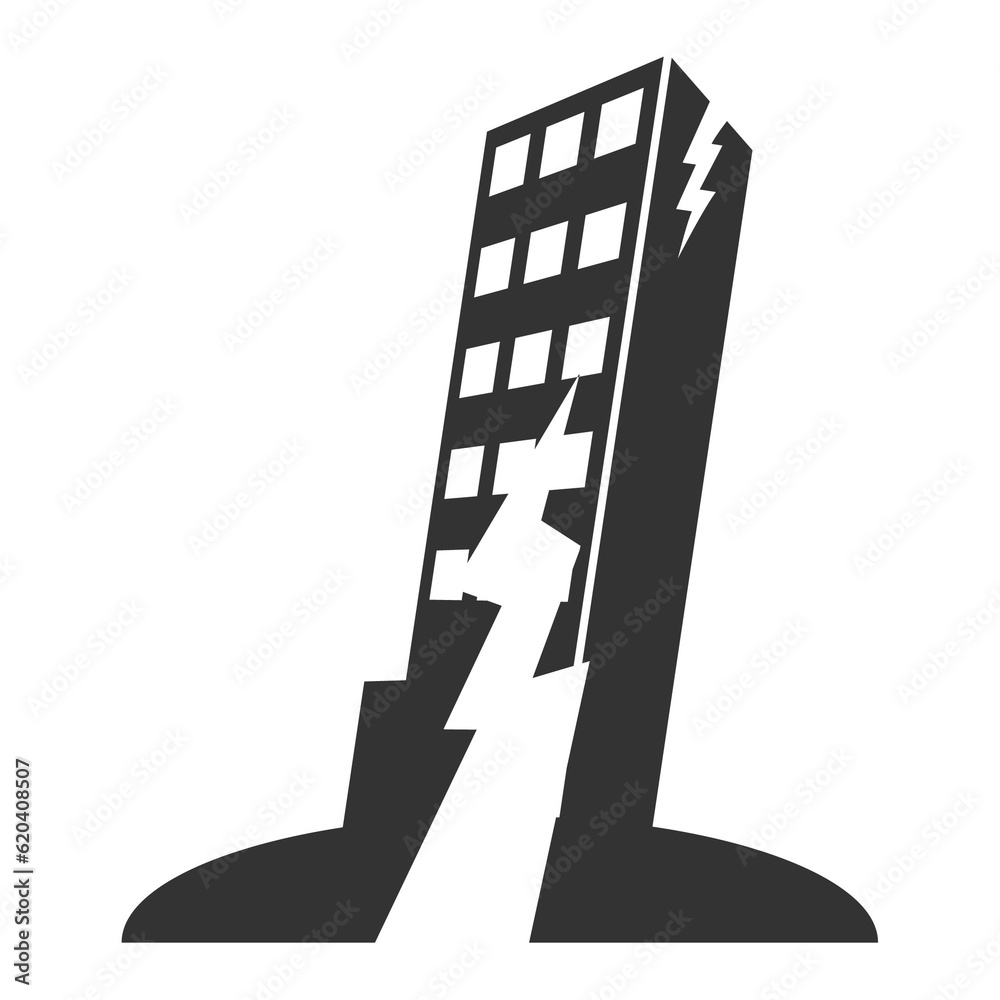 Vector illustration of cracked building icon in dark color and transparent background(PNG).