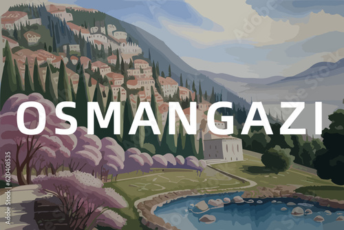 Beautiful watercolor painting of a Turkish village with the name Osmangazi in Bursa