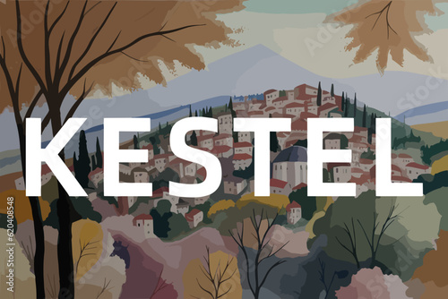 Beautiful watercolor painting of a Turkish scene with the name Kestel in Bursa