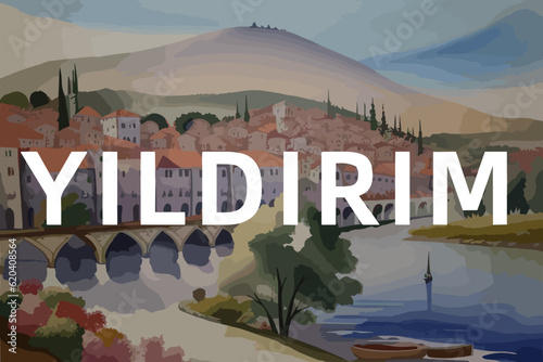 Beautiful watercolor painting of a Turkish village with the name Yıldırım in Bursa
