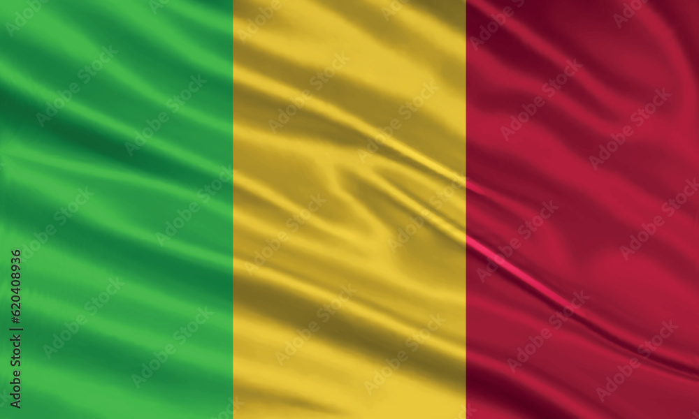 Mali flag design. Waving Mali flag made of satin or silk fabric. Vector Illustration.