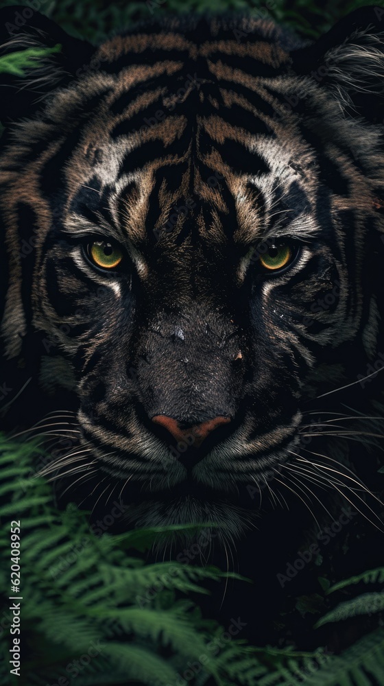 Close-up of a rare exotic black tiger's face and eyes photo illustration,  photo illustration, wildlife, animal, ai
