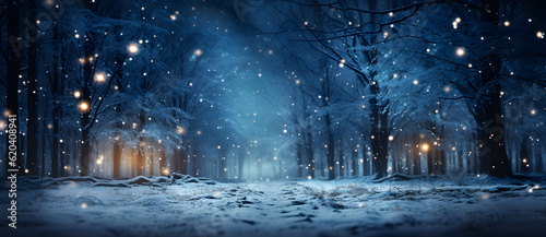 Obraz na płótnie snow falling at night in a snowy dark forest with lights and stars Generated by