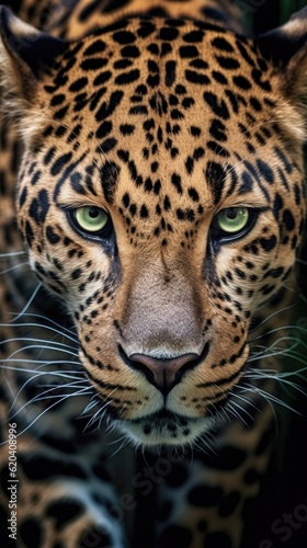 Close-up of a beautiful leopard's face and eyes photo illustration,  photo illustration, wildlife, animal, ai © Case