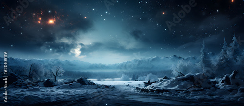 a night scene of snow covered mountains lake and trees Generated by AI