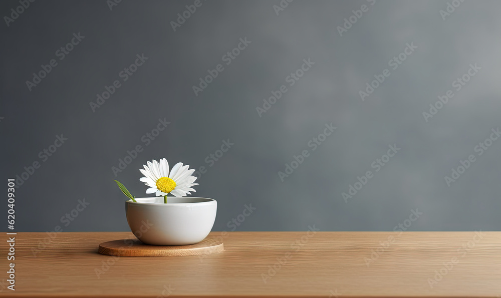  a small white bowl with a flower in it on a table.  generative ai