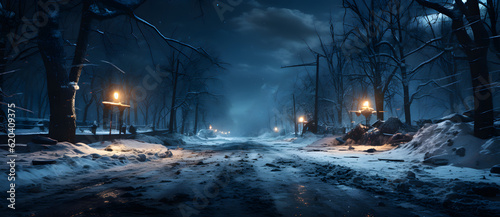 a night scene with a snowy road and illuminated street lamps Generated by AI