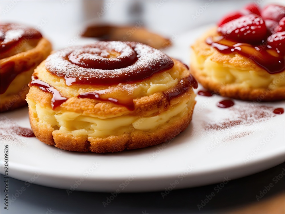 Photo-realistic illustration of a tasty plate with delicious gourmet pastry, natural light AI generated 