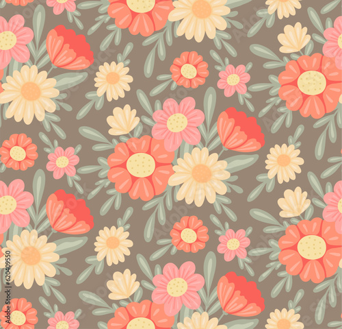 Delicate vector pattern with floral bouquets in pastel colors on a gray background. Texture with tender wild flowers