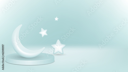 white 3d islamic background with crescent moon, stars and podium. suitable for ramadan kareem, eid mubarak, muharram, etc.