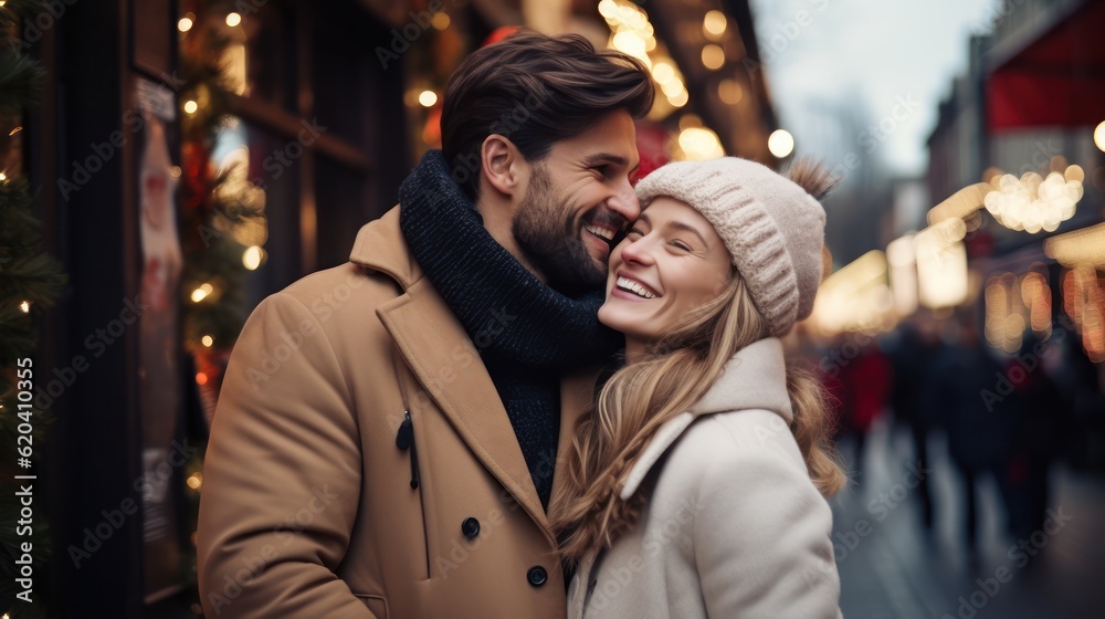 Happy couple on vacation. Lovers are laughing. Happy guy and girl. Lovers enjoy each other outdoor. Generative Ai. Happy couple on vacation. Lovers are laughing. Happy guy and girl. Lovers enjoy each other outdoor. Generative Ai.