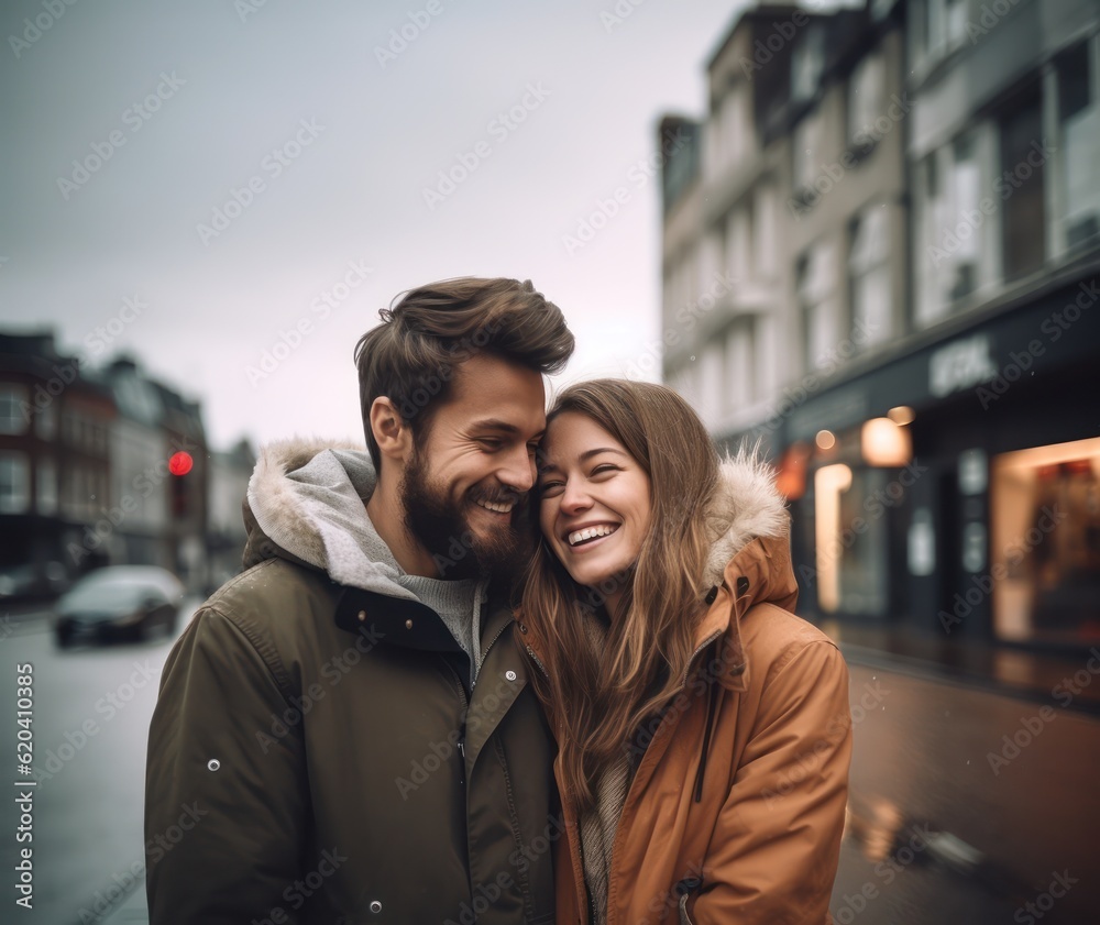 Happy couple on vacation. Lovers are laughing. Happy guy and girl. Lovers enjoy each other outdoor. Generative Ai. Happy couple on vacation. Lovers are laughing. Happy guy and girl. Lovers enjoy each other outdoor. Generative Ai.