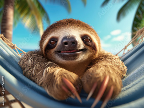 A cute sloth lies in a hammock on the beach