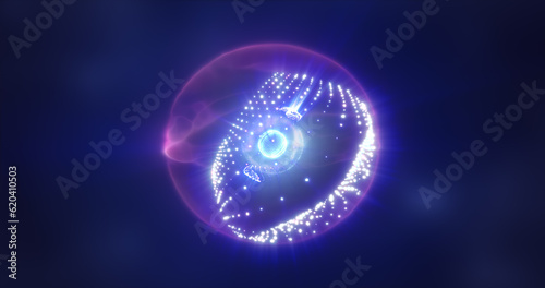 Abstract purple energy sphere with flying glowing bright particles  science futuristic atom with electrons hi-tech background