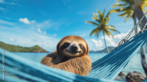 A cute sloth lies in a hammock on the beach