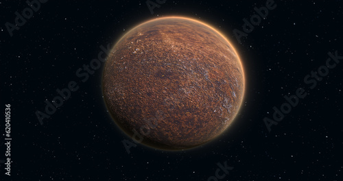 Abstract planet red rusty realistic futuristic round sphere against the background of stars in space