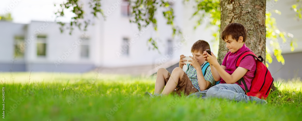 Fototapeta premium Two boy with smartphones in their hands sitting on the grass near the school.