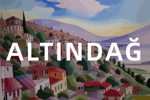 Beautiful watercolor painting of a Turkish village with the name Altındağ in Ankara