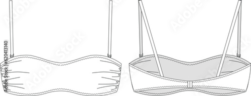 Hand drawn woman bikini, technical vector drawing, template, sketch, flat, mock up. Recycled fabric swimwear, front and back view, white color	
