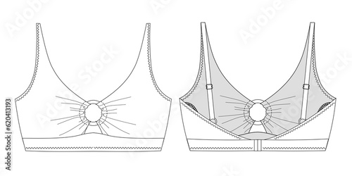 Hand drawn woman bikini  technical vector drawing  template  sketch  flat  mock up. Recycled fabric swimwear  front and back view  white color  