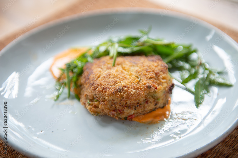 Indulge in a flavorful dinner with this crab cake recipe. Succulent crab cakes are paired perfectly with a fresh and peppery rocket salad, creating a delightful combination of tastes and textures. Indulge in a flavorful dinner with this crab cake recipe. Succulent crab cakes are paired perfectly with a fresh and peppery rocket salad, creating a delightful combination of tastes and textures.