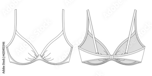 Hand drawn woman bikini, technical vector drawing, template, sketch, flat, mock up. Recycled fabric swimwear, front and back view, white color	
