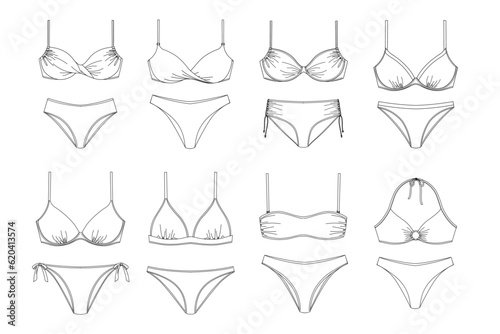 Hand drawn woman bikini, technical vector drawing, template, sketch, flat, mock up. Recycled fabric swimwear, front and back view, white color	
