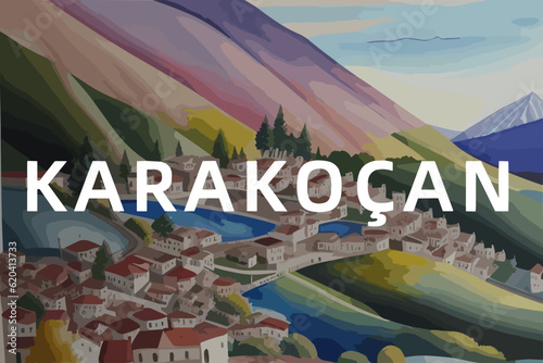 Beautiful watercolor painting of a Turkish scene with the name Karakoçan in Elazığ