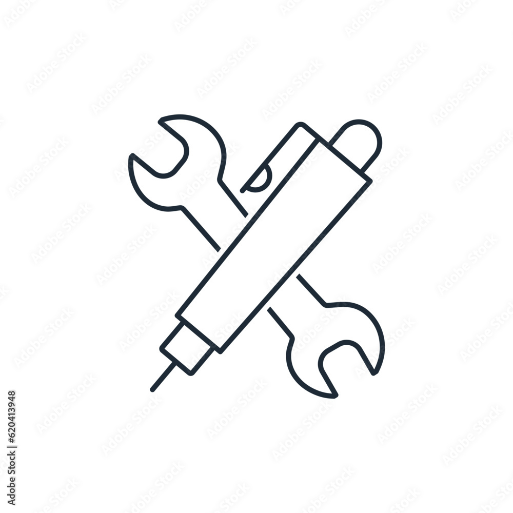 Spanner wrench and writing pen. technical task, instruction, service tools. Vector linear icon isolated on white background. Spanner wrench and writing pen. technical task, instruction, service tools. Vector linear icon isolated on white background.