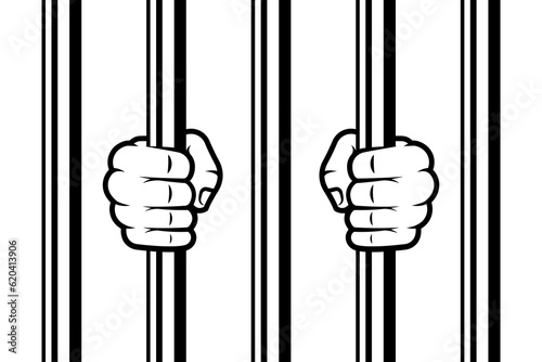 Illustration hands holding prison bars vector background.