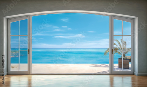  an open window with a view of the ocean and a palm tree.  generative ai © Anna