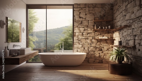 Modern stylish bathroom interior with stone tiles.