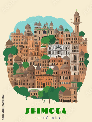Beautiful retro-styled poster of with a city and the name Shimoga in Karnātaka photo