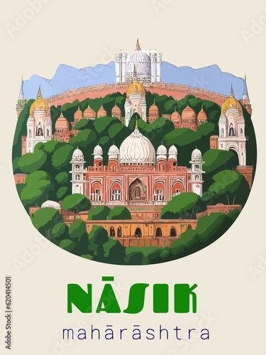Beautiful retro-styled poster of with a city and the name Nāsik in Mahārāshtra