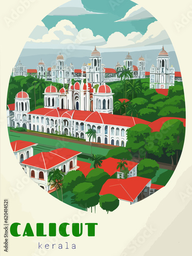 Beautiful retro-styled poster of with a city and the name Calicut in Kerala